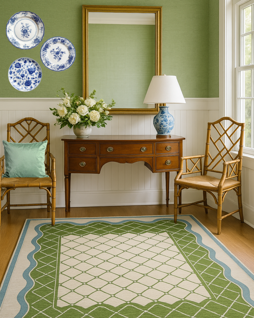 Room interior with wooden furniture, decorative plates, and a lamp.