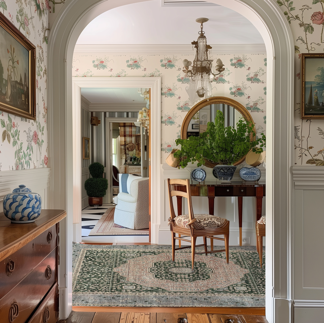 Nora handmade wool rug styled in a curated space with elegant decor and natural tones
