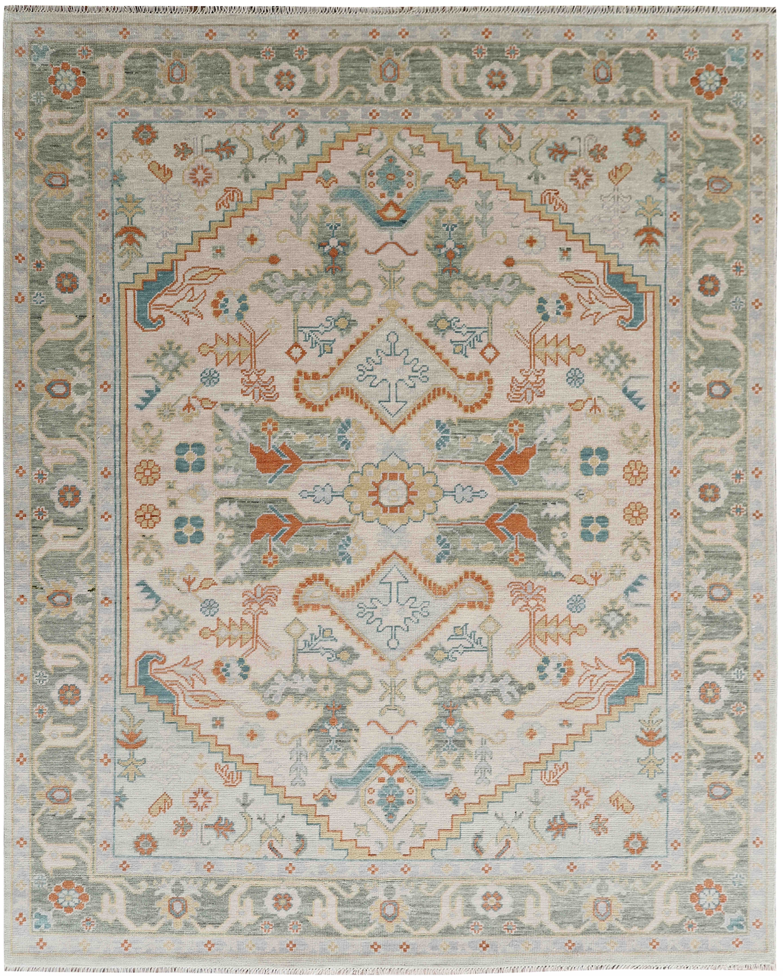 Close-up view of a handmade rug with floral and geometric patterns in beige, blue, green, and orange colors
