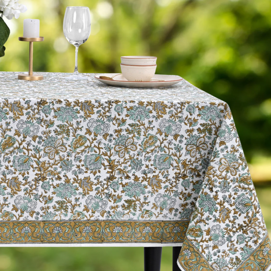 Tablecloth with floral pattern on a table outdoors
