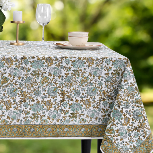 Tablecloth with floral pattern on a table outdoors