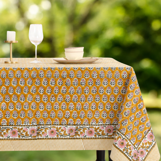 Tablecloth with floral pattern on a table outdoors