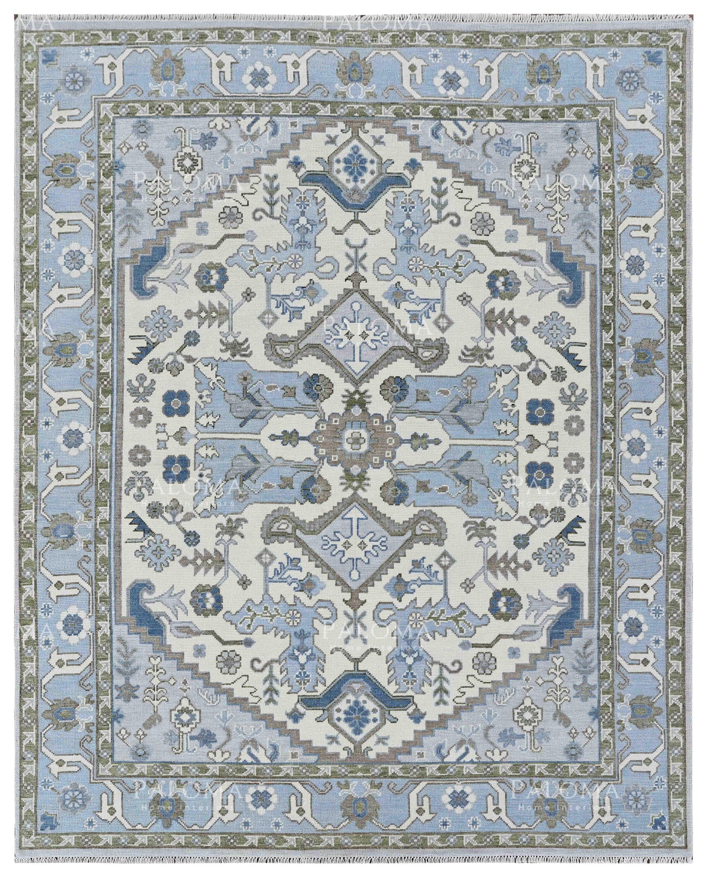 Handmade wool rug with traditional floral and geometric motifs