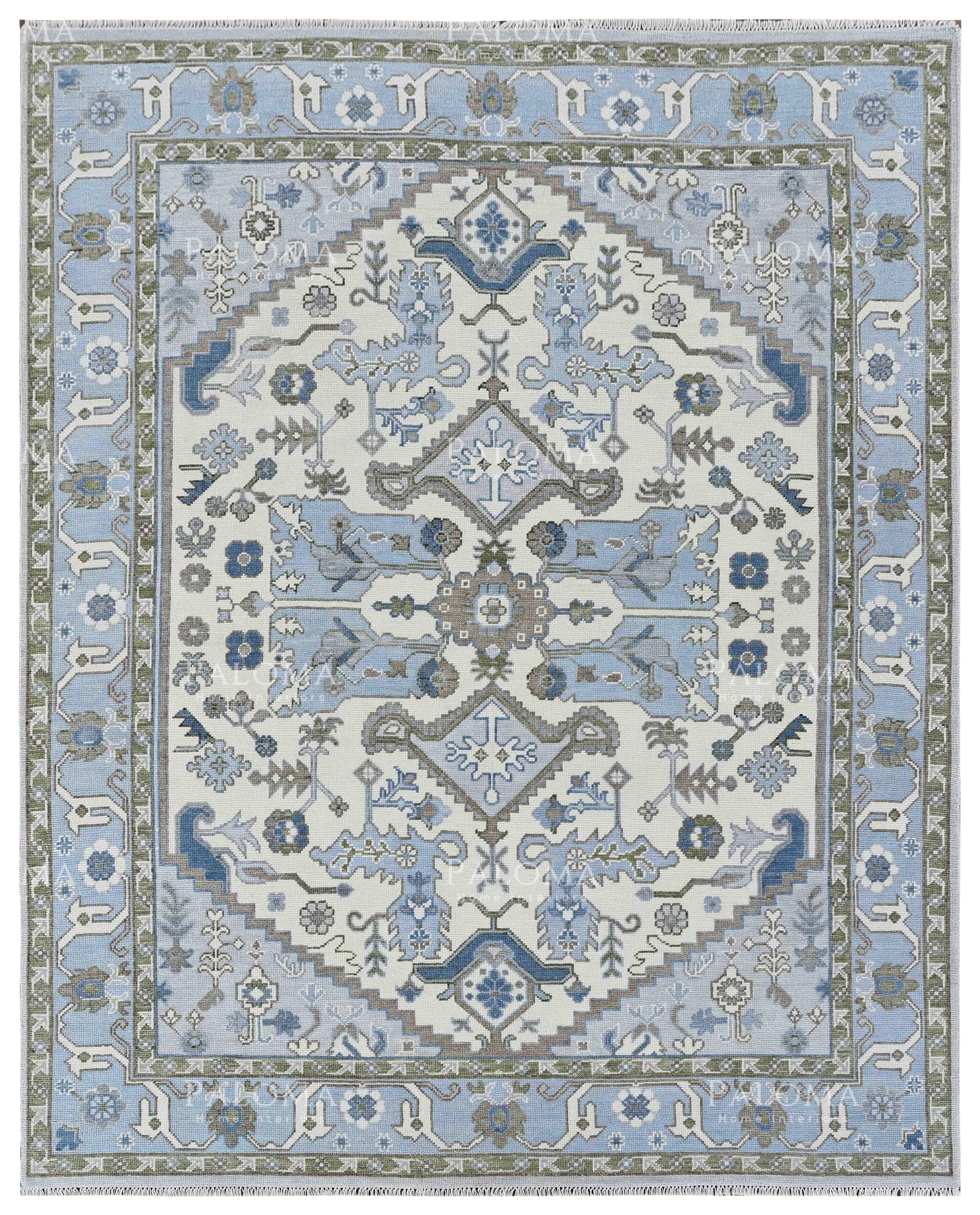 Handmade wool rug with traditional floral and geometric motifs