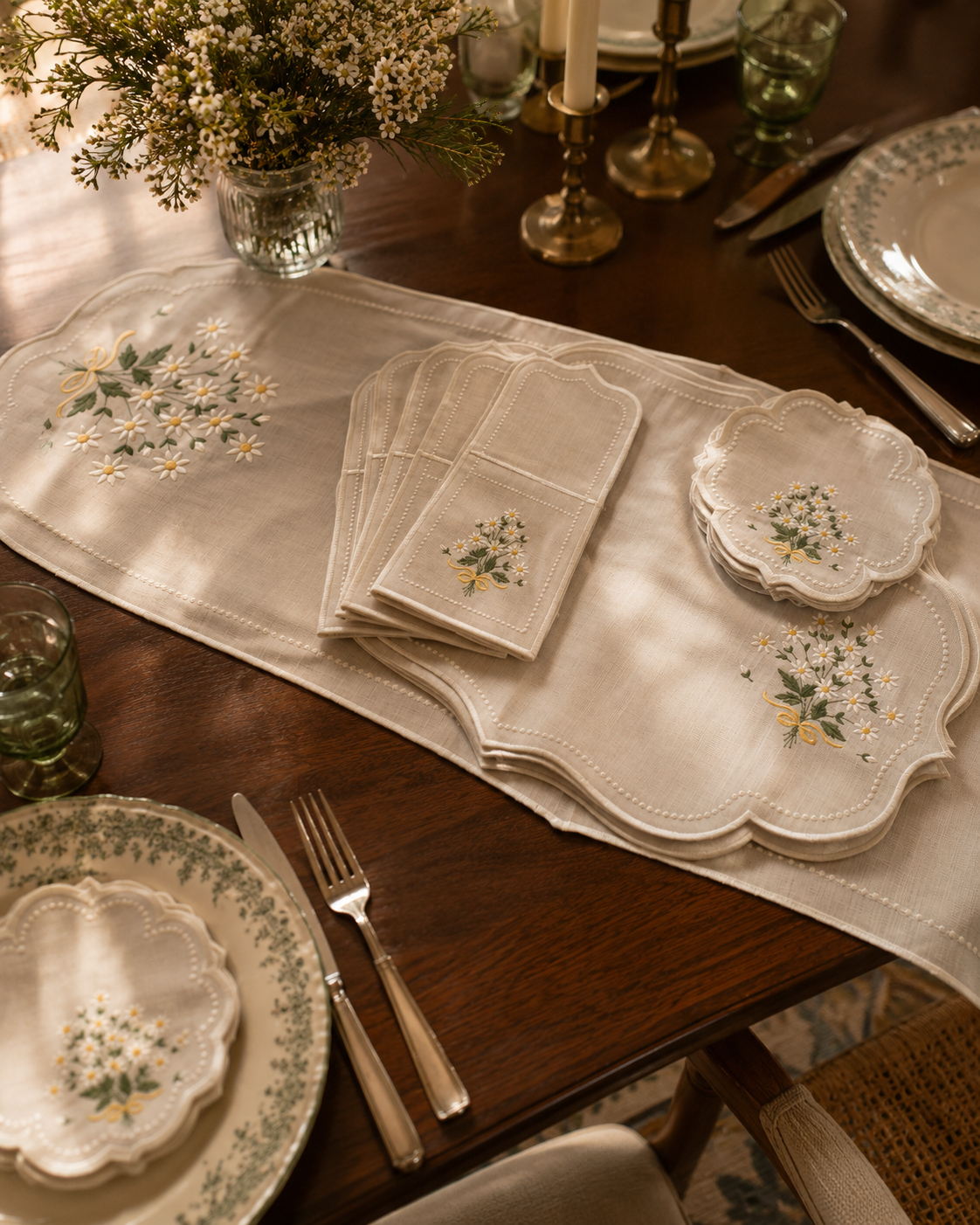 Daisy embroidered table linen set for six with matching placemats and runner
